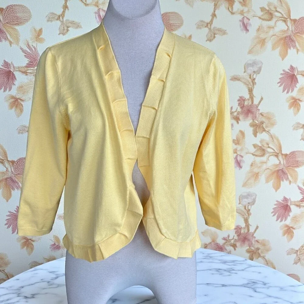 89th and Madison Yellow Pleated Trim Open Drape Cardigan Sweater Size M
